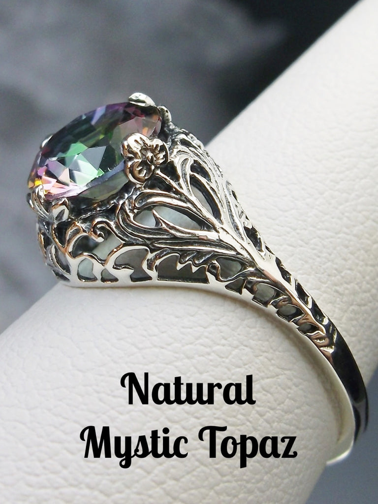 mystic topaz solitaire ring with swirl antique floral sterling silver filigree