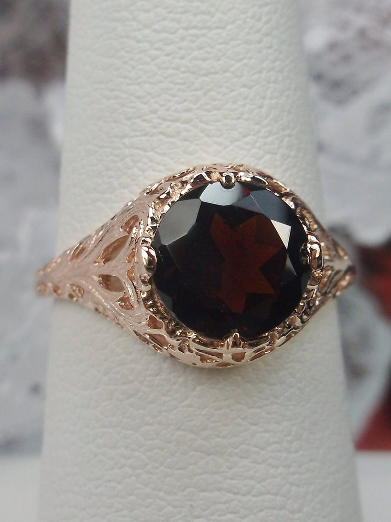natural red garnet solitaire ring with swirl antique floral rose gold filigree
