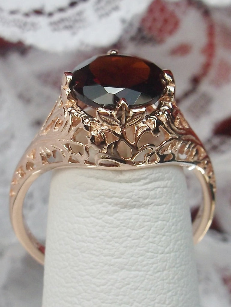 natural red garnet solitaire ring with swirl antique floral rose gold filigree
