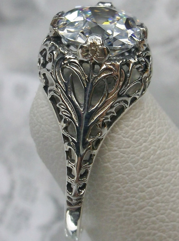 White CZ Faux diamond ring with swirl antique floral sterling silver filigree