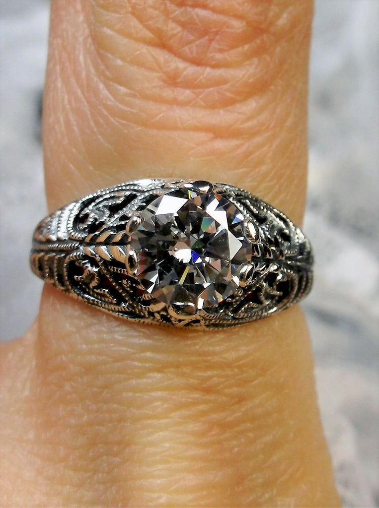 White Cubic Zirconia (CZ), Ring, Corset Filigree, Sterling Silver, Silver Embrace Jewelry, D199