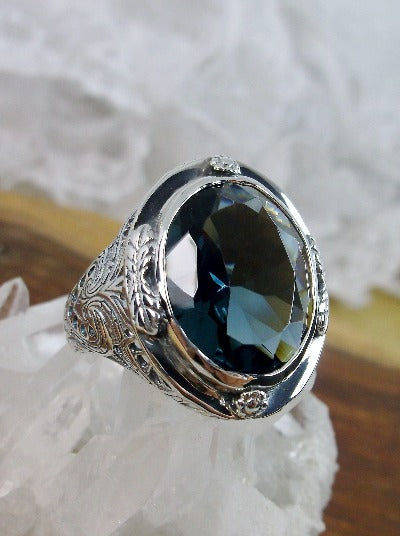 London Blue Topaz Ring, Large Oval Victorian Ring, Floral Filigree, Sterling Silver Ring, Silver Embrace Jewelry, GG Design#2