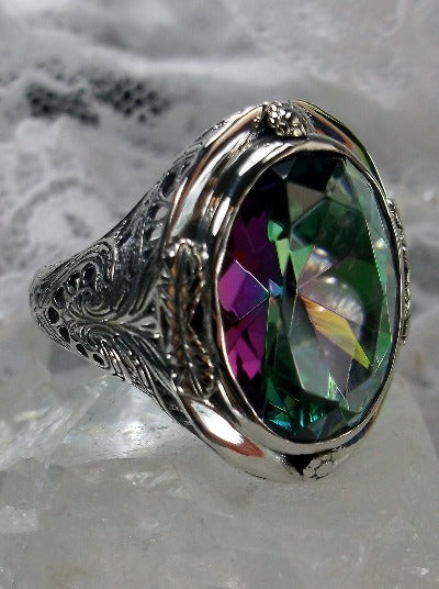 Mystic Rainbow Topaz Ring, Large Oval Victorian Ring, Floral Filigree, Sterling Silver Ring, Silver Embrace Jewelry, GG Design#2