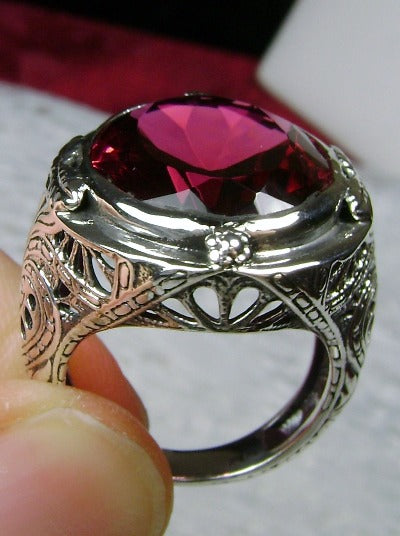 Red Ruby Ring, Large Oval Victorian Ring, Floral Filigree, Sterling Silver Ring, Silver Embrace Jewelry, GG Design#2