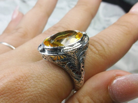 Yellow Citrine Ring, Large Oval Victorian Ring, Floral Filigree, Sterling Silver Ring, Silver Embrace Jewelry, GG Design#2