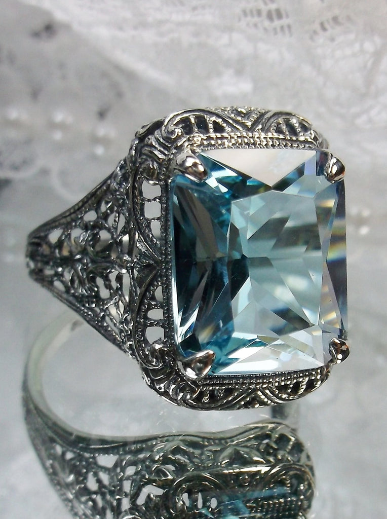 Sky Blue Topaz Ring, Autumn Design, Rectangle Gemstone, Vintage Victorian Jewelry, #D200