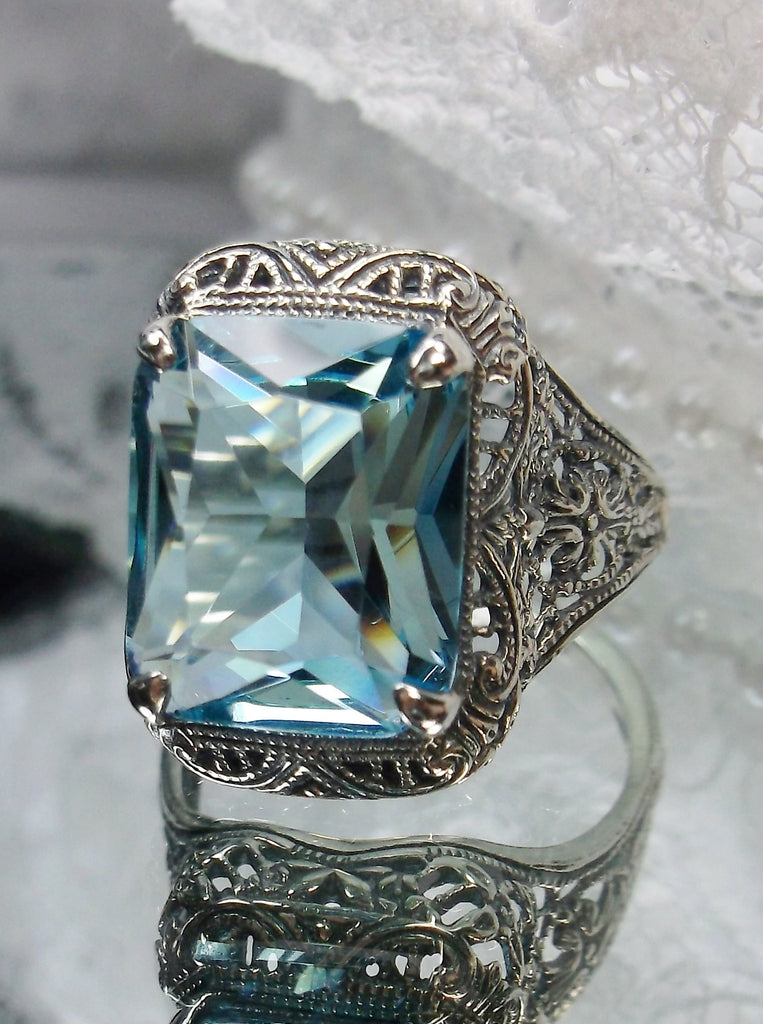 Sky Blue Topaz Ring, Autumn Design, Rectangle Gemstone, Vintage Victorian Jewelry, #D200