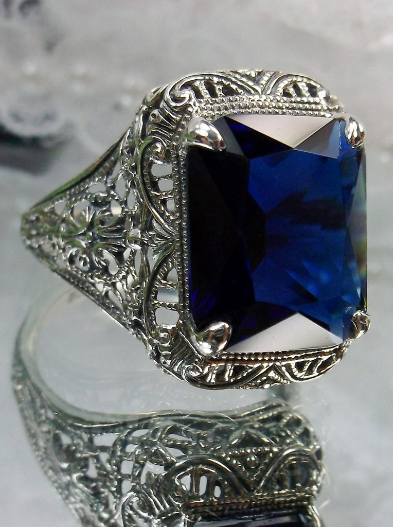 Blue Sapphire Ring, Autumn Design, Rectangle Gemstone, Vintage Victorian Jewelry, #D200
