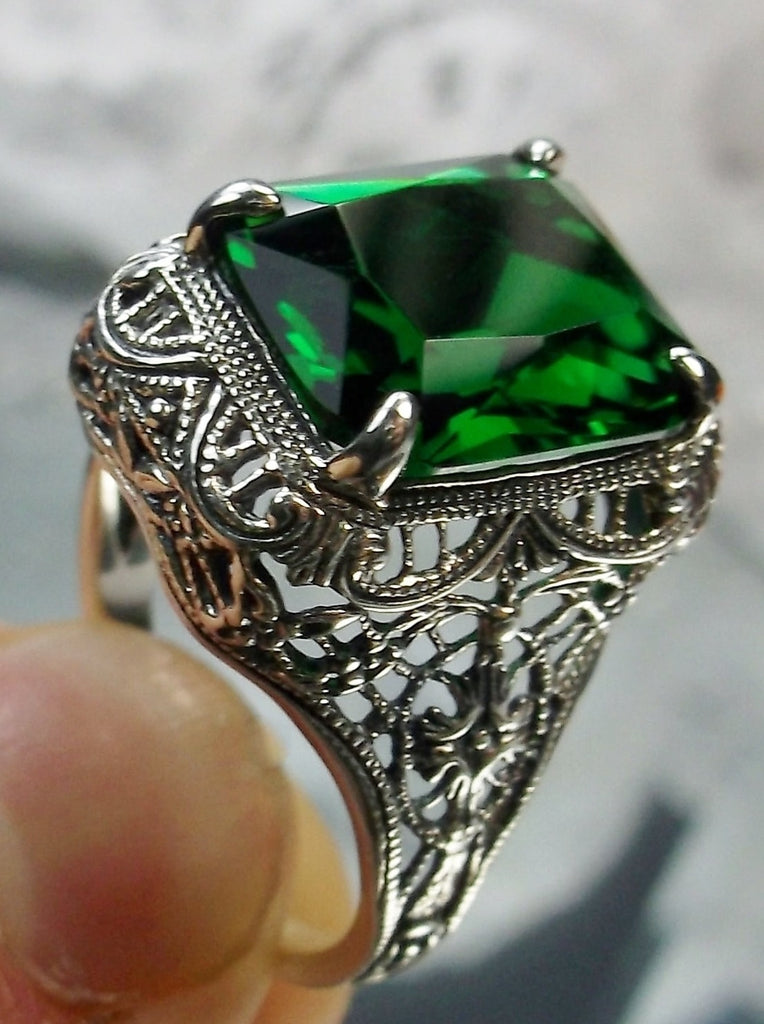 Green Emerald Ring, Autumn Design, Rectangle Gemstone, Vintage Victorian Jewelry, #D200
