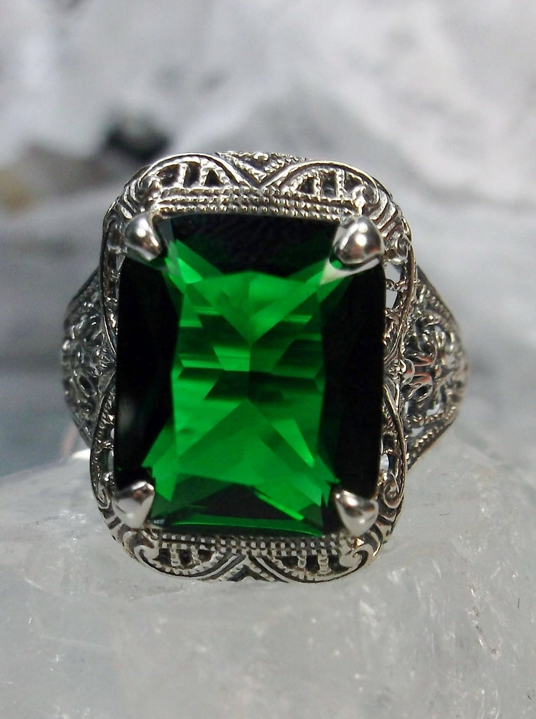 Green Emerald Ring, Autumn Design, Rectangle Gemstone, Vintage Victorian Jewelry, #D200