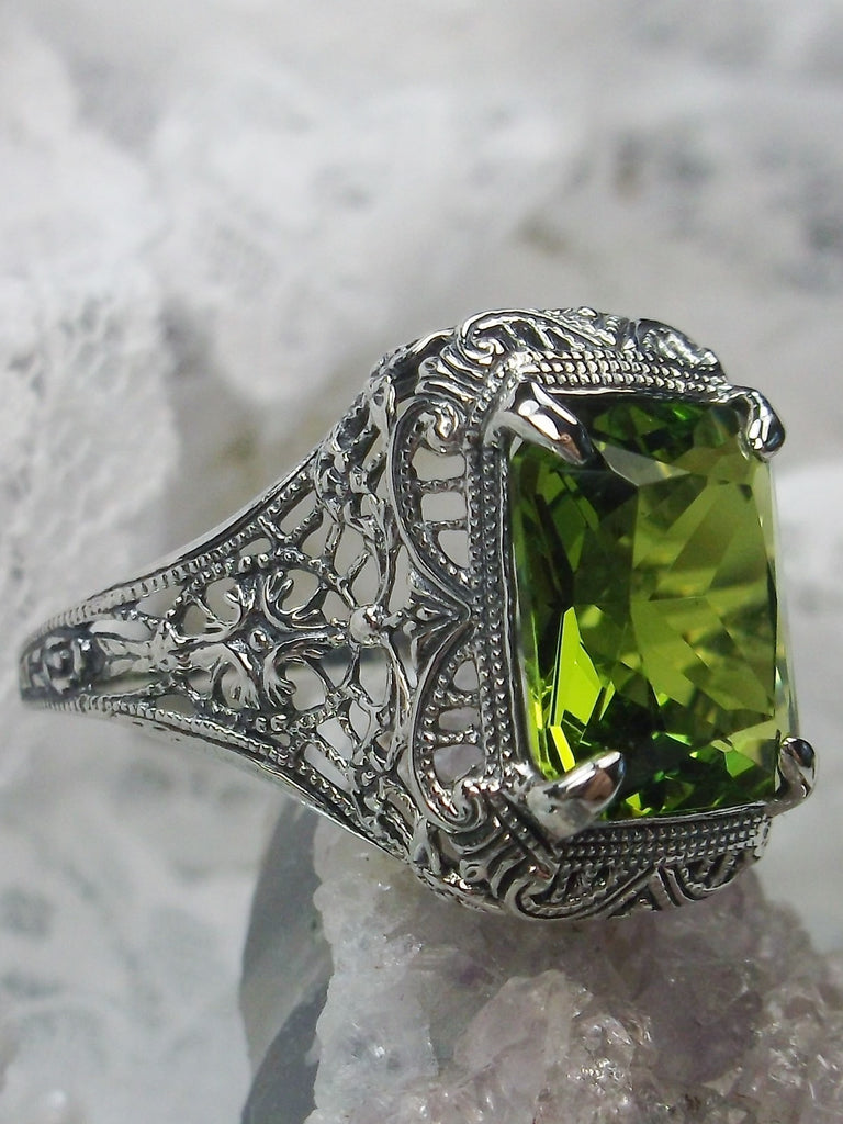 Green Peridot Ring, Autumn Design, Rectangle Gemstone, Vintage Victorian Jewelry, #D200