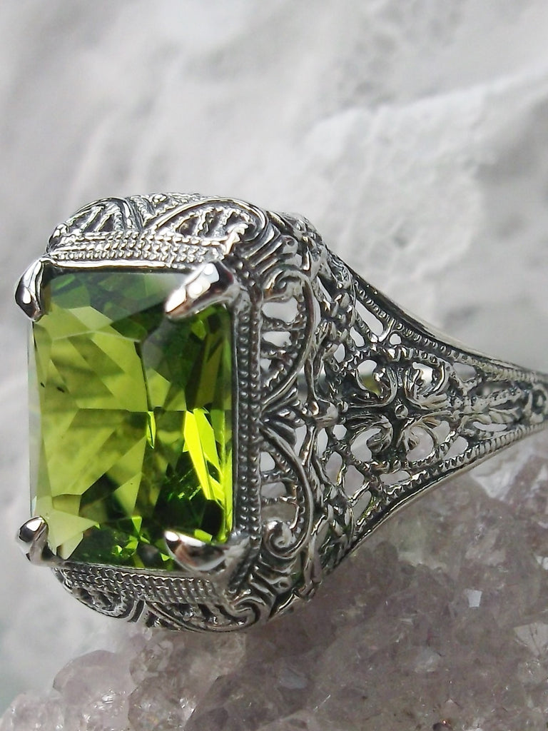 Green Peridot Ring, Intricate Sterling Silver Filigree, Vintage Victorian Jewelry, Silver Embrace Jewelry