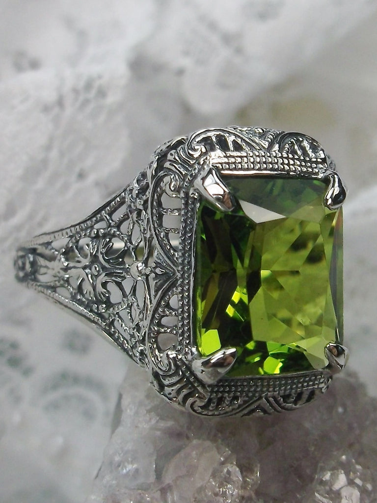 Green Peridot Ring, Intricate Sterling Silver Filigree, Vintage Victorian Jewelry, Silver Embrace Jewelry
