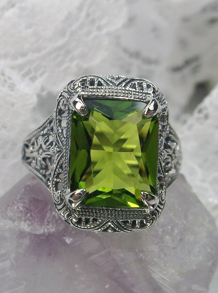 Green Peridot Ring, Intricate Sterling Silver Filigree, Vintage Victorian Jewelry, Silver Embrace Jewelry