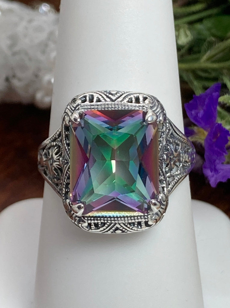 Mystic Topaz Ring, Autumn Design, Rectangle Gemstone, Vintage Victorian Jewelry, #D200