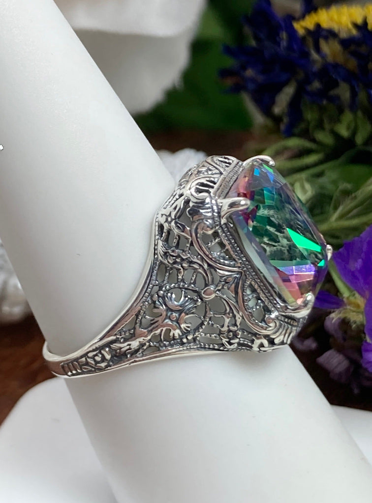 Mystic Topaz Ring, Autumn Design, Rectangle Gemstone, Vintage Victorian Jewelry, #D200