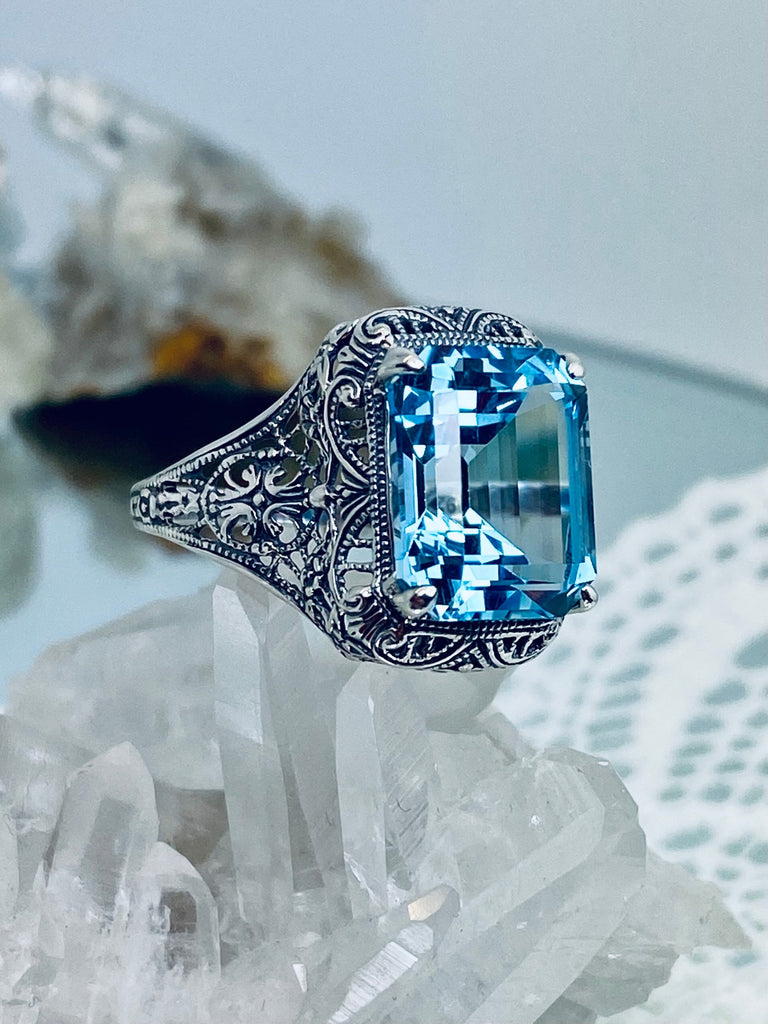 Natural Sky Blue Topaz Ring, Autumn Design, Rectangle Gemstone, Vintage Victorian Jewelry, #D200