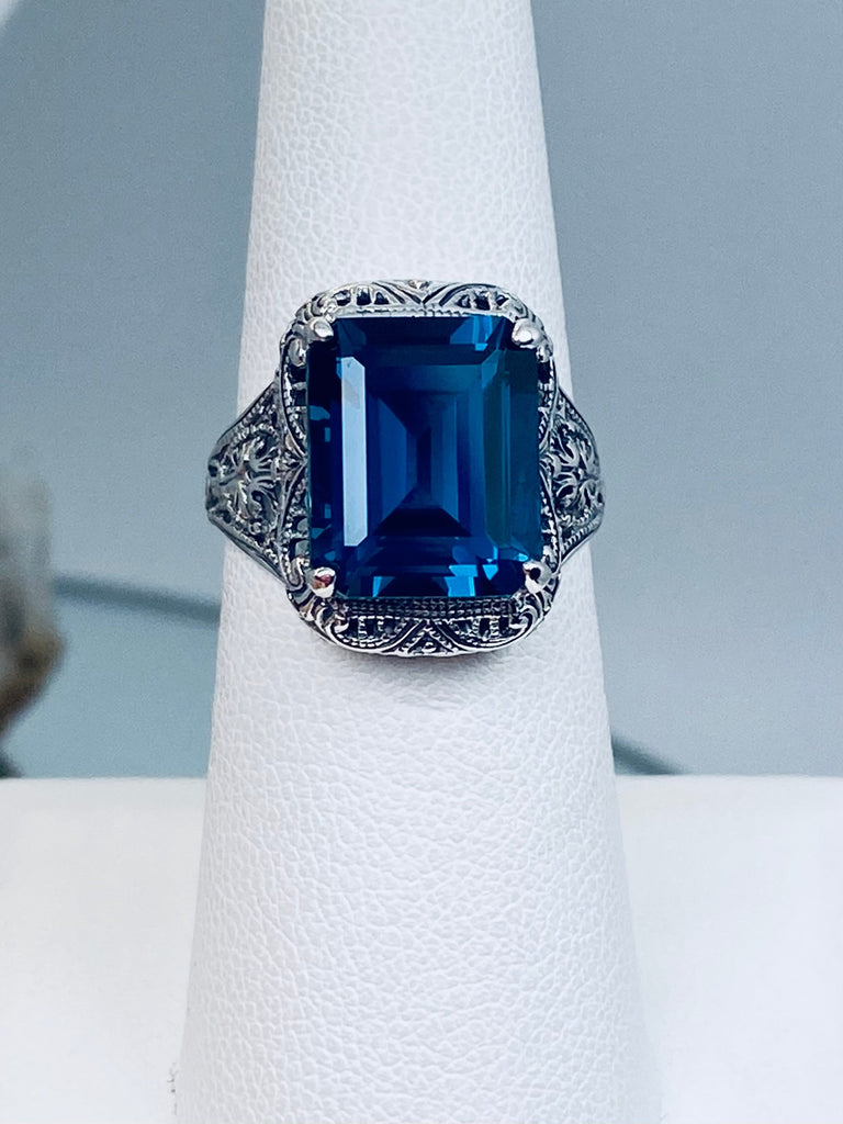 Natural London Blue Topaz Ring, Autumn Design, Rectangle Gemstone, Vintage Victorian Jewelry, #D200