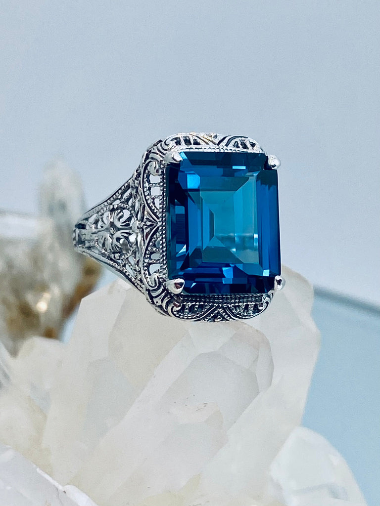 Natural London Blue Topaz Ring, Autumn Design, Rectangle Gemstone, Vintage Victorian Jewelry, #D200