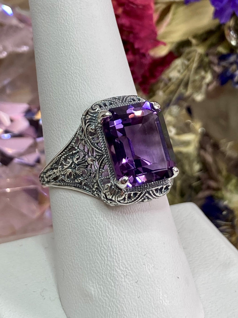 Natural Purple Amethyst Ring, Autumn Design, Rectangle Gemstone, Vintage Victorian Jewelry, #D200