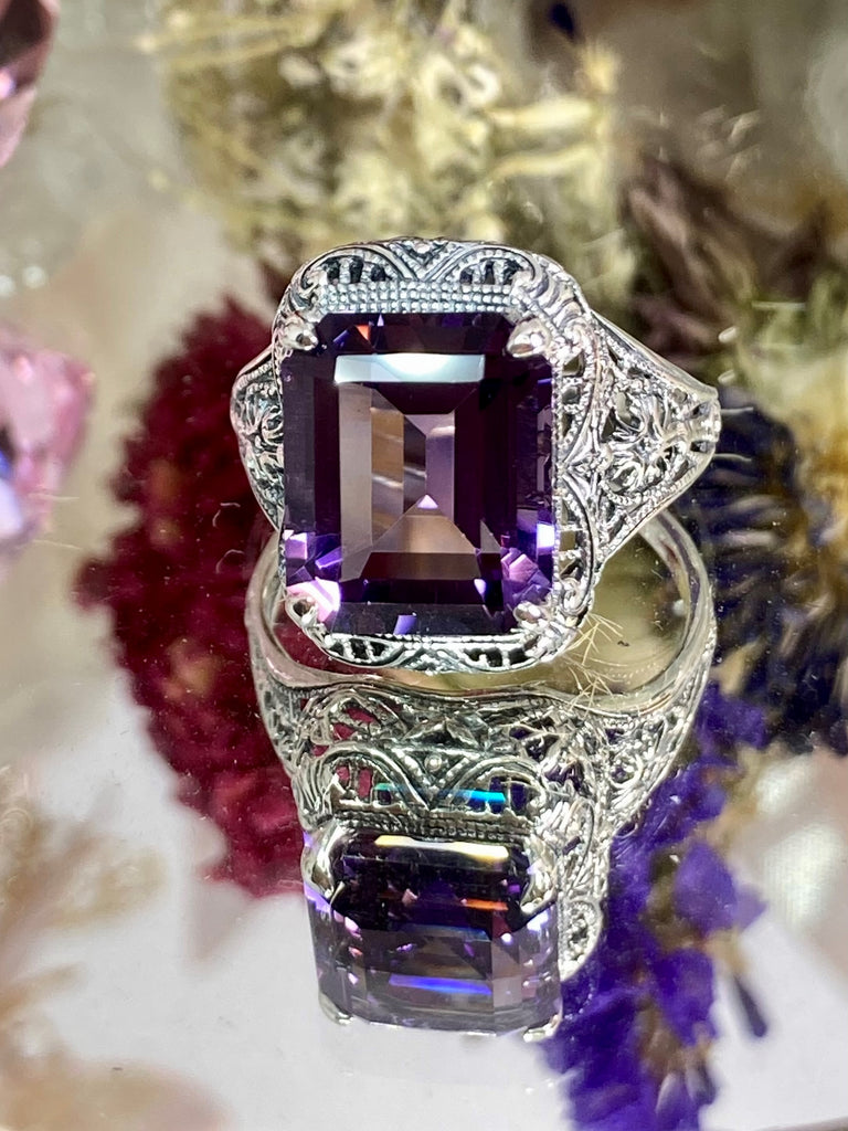 Natural Purple Amethyst Ring, Autumn Design, Rectangle Gemstone, Vintage Victorian Jewelry, #D200