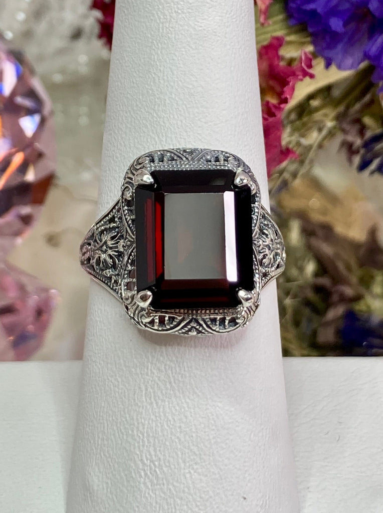 Natural Red Garnet Ring, Autumn Design, Rectangle Gemstone, Vintage Victorian Jewelry, #D200