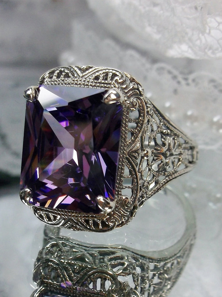 Purple Amethyst CZ Ring, Autumn Design, Rectangle Gemstone, Vintage Victorian Jewelry, #D200