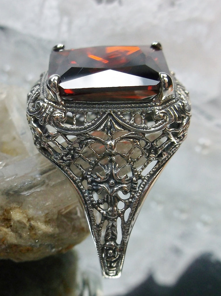 Red Garnet Cubic Zirconia Ring, Autumn Design, Rectangle Gemstone, Vintage Victorian Jewelry, #D200