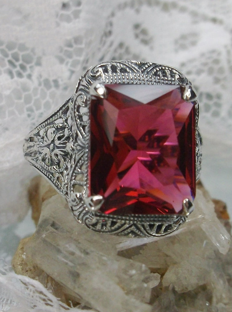 Red Ruby Ring, Autumn Design, Rectangle Gemstone, Vintage Victorian Jewelry, #D200