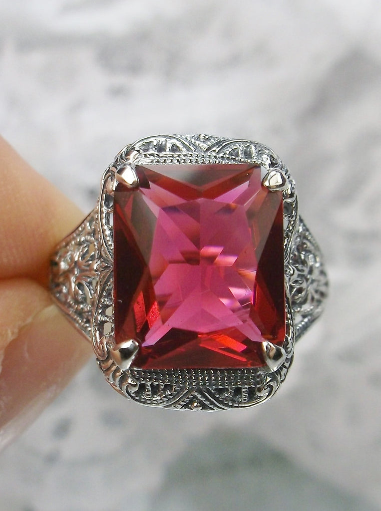 Red Ruby Ring, Autumn Design, Rectangle Gemstone, Vintage Victorian Jewelry, #D200