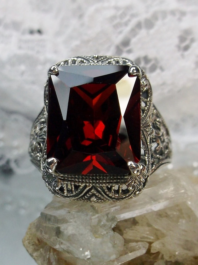 Red Garnet Cubic Zirconia Ring, Autumn Design, Victorian Vintage Jewelry, Silver Embrace Jewelry