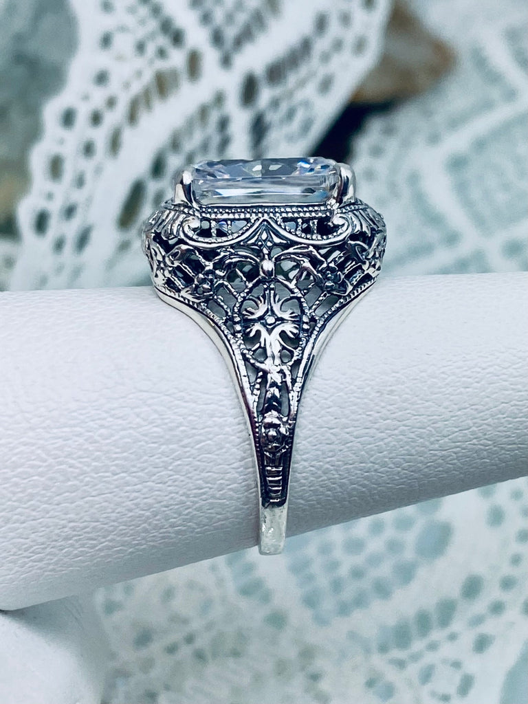 White CZ Ring, Autumn Design, Rectangle Gemstone, Vintage Victorian Jewelry, #D200