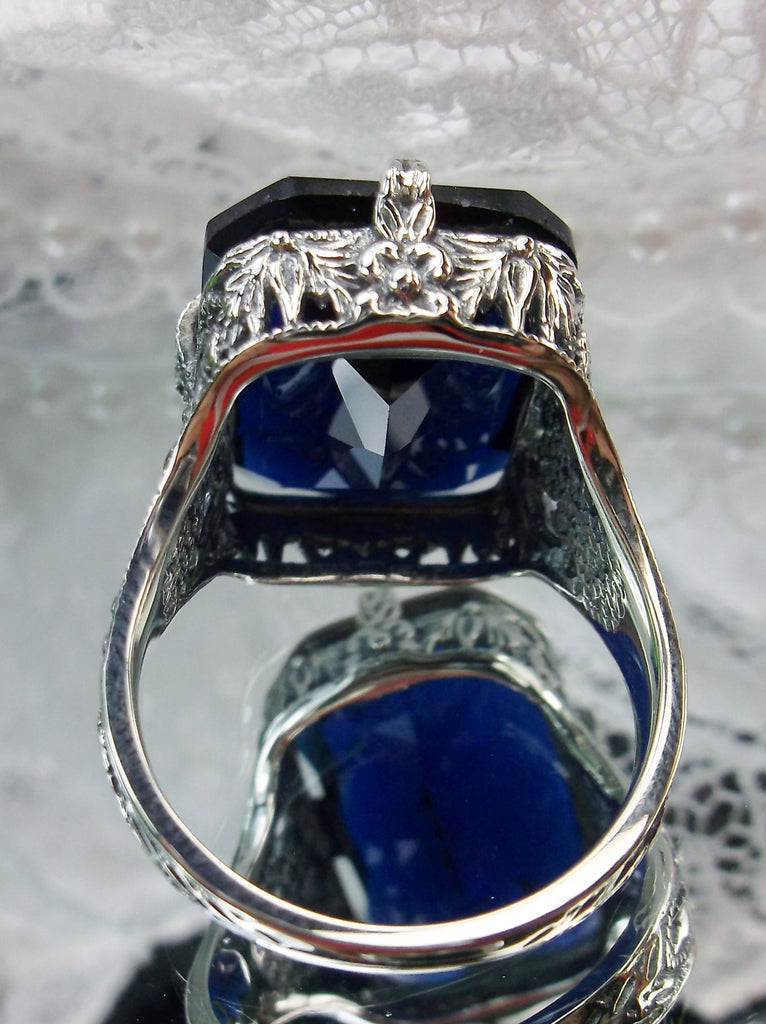 Blue sapphire Ring, Edwardian style, sterling silver filigree, with flared prong detail, Treasure design