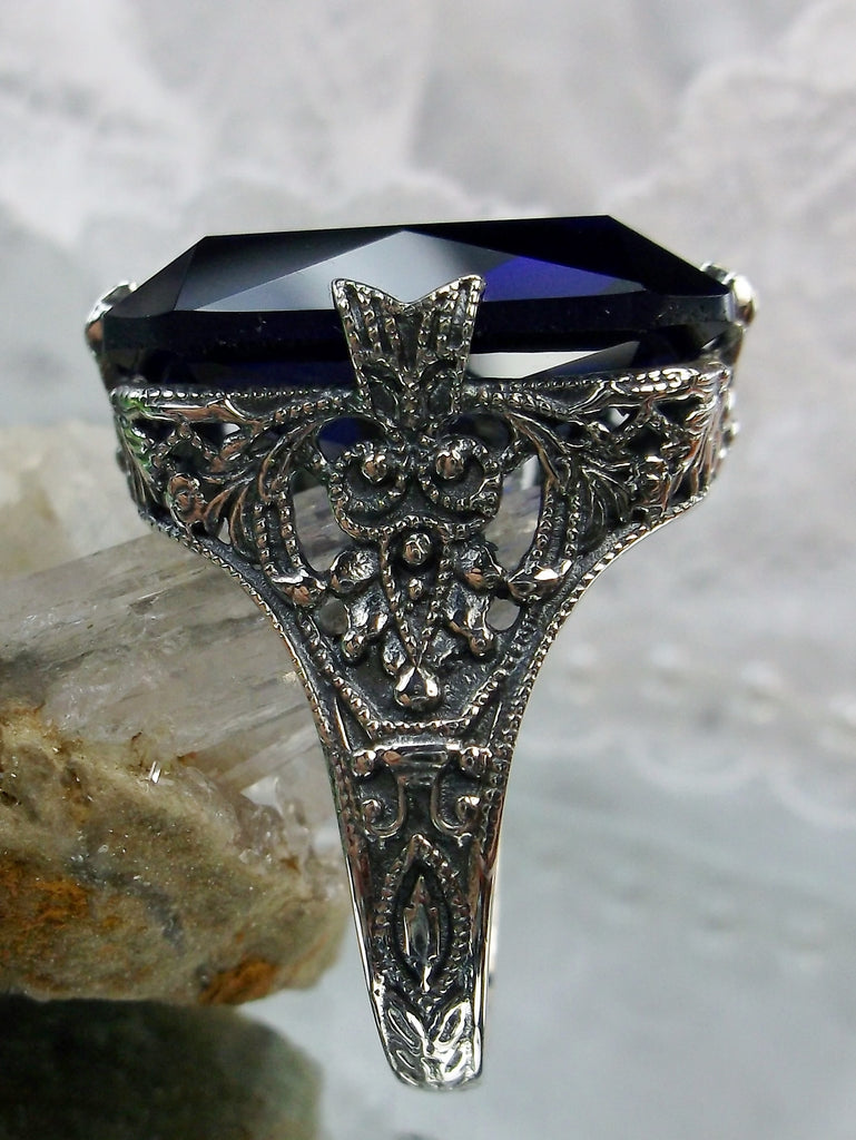 Blue sapphire Ring, Edwardian style, sterling silver filigree, with flared prong detail, Treasure design