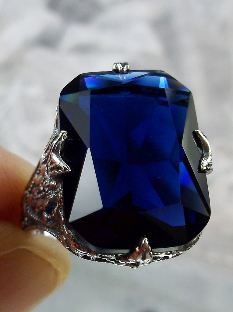 Blue sapphire Ring, Edwardian style, sterling silver filigree, with flared prong detail, Treasure design