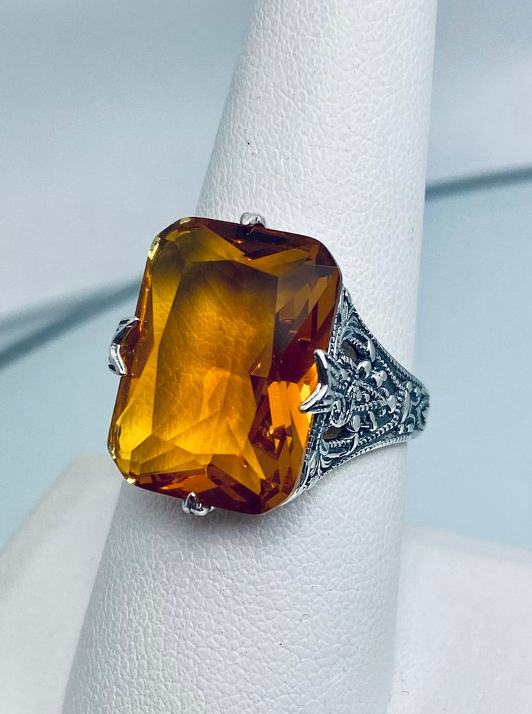 Orange Citrine Ring, Edwardian style, sterling silver filigree, with flared prong detail, Treasure design, Silver Embrace Jewelry, D202