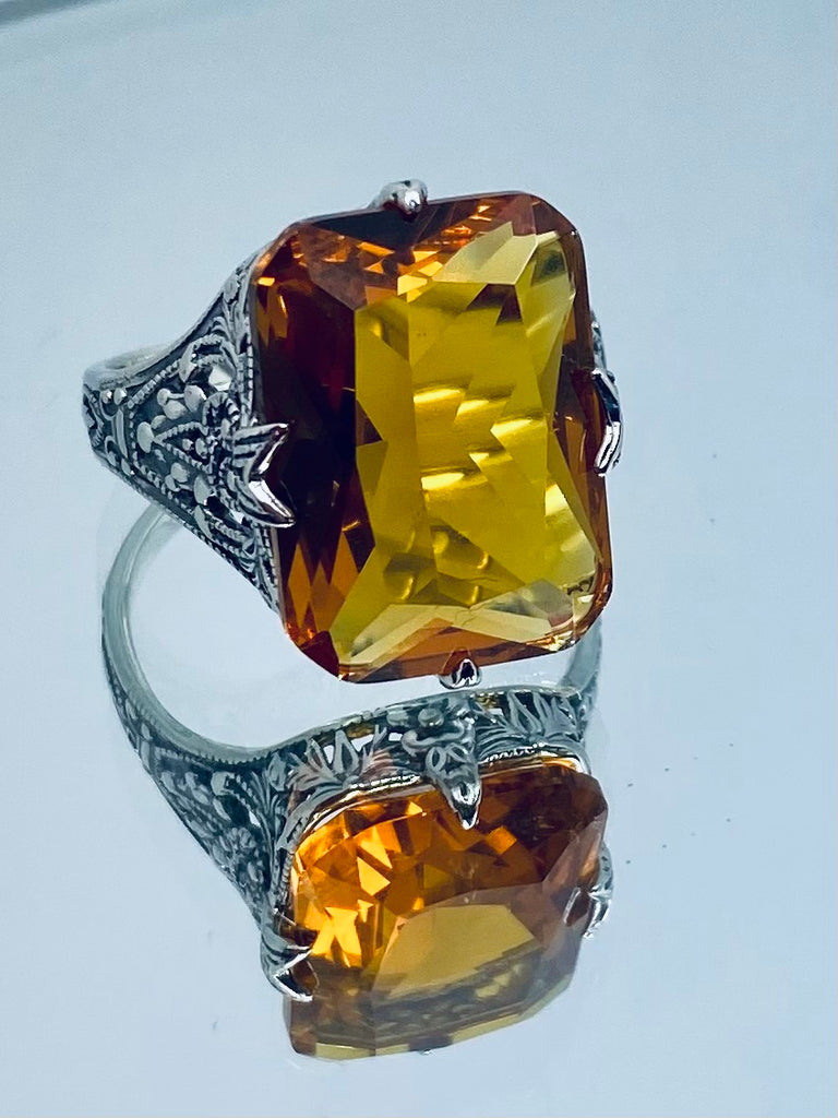 Orange Citrine Ring, Edwardian style, sterling silver filigree, with flared prong detail, Treasure design, Silver Embrace Jewelry, D202