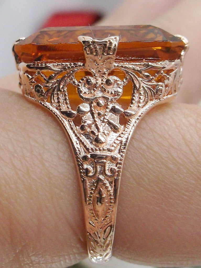 Orange Citrine Ring, Edwardian style, rose gold filigree, with flared prong detail, Treasure design