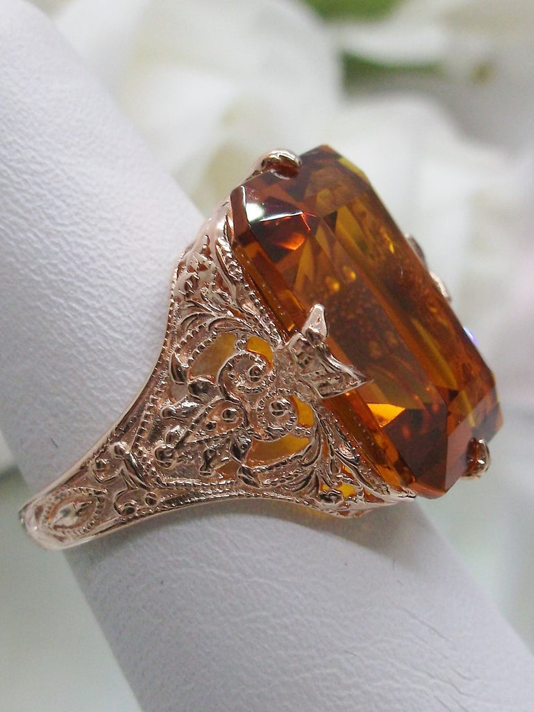 Orange Citrine Ring, Edwardian style, rose gold filigree, with flared prong detail, Treasure design