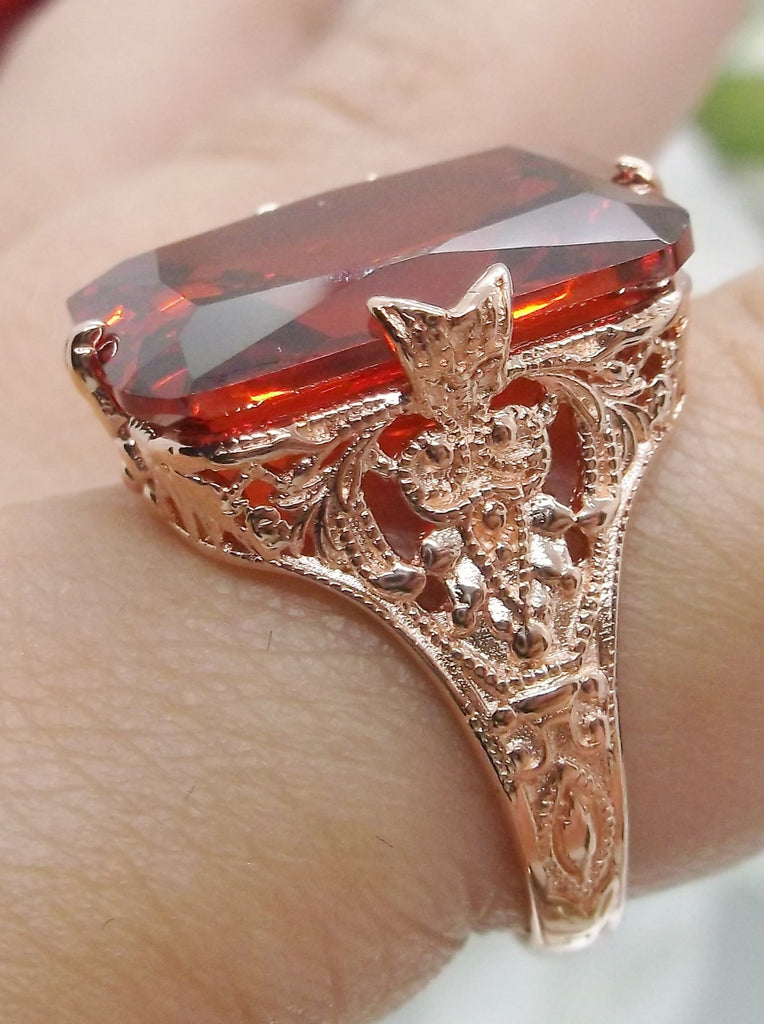 Garnet Red CZ Ring, Edwardian style, rose gold plated sterling silver filigree, with flared prong detail, Treasure design