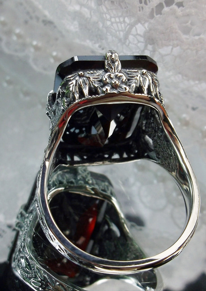 Garnet Red CZ Ring, Edwardian style, sterling silver filigree, with flared prong detail, Treasure design