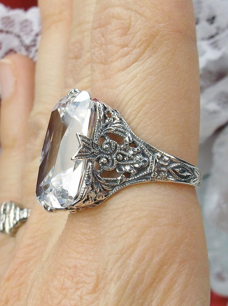 White CZ Ring, Edwardian style, sterling silver filigree, with flared prong detail, Treasure design