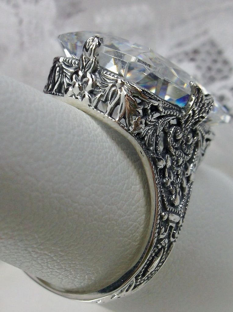 White CZ Ring, Edwardian style, sterling silver filigree, with flared prong detail, Treasure design