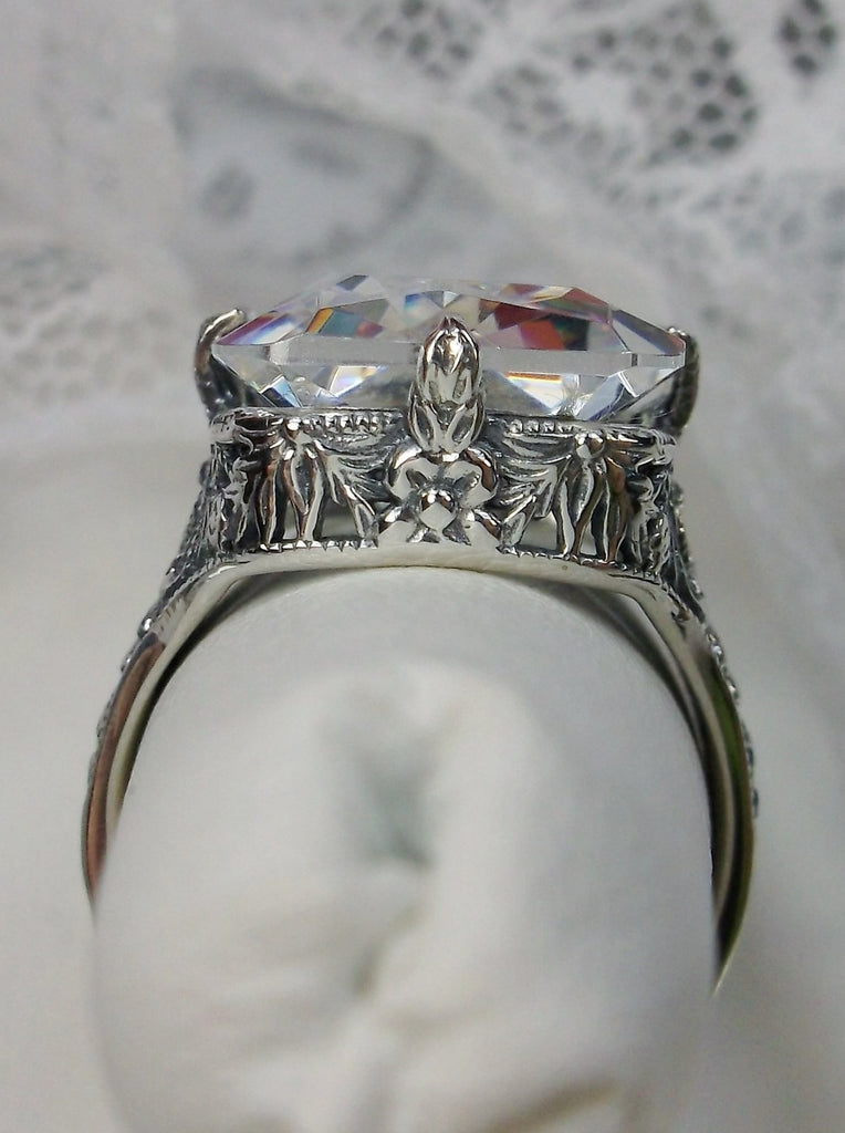 White CZ Ring, Edwardian style, sterling silver filigree, with flared prong detail, Treasure design