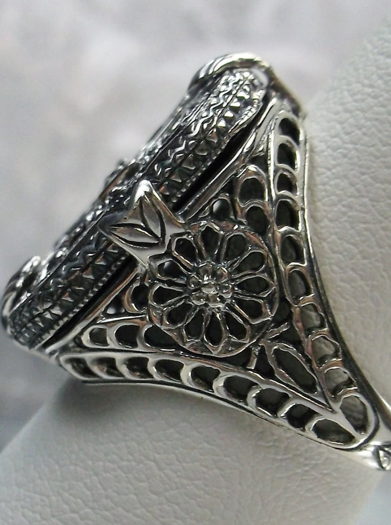 Black Camphor Glass Ring with Sterling Silver Art Deco Filigree and a single Lab Moissanite in the center of the pane sections