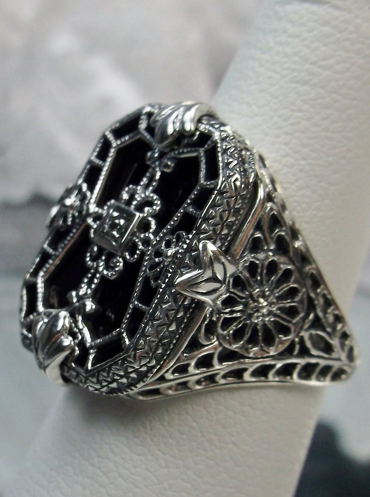 Black Camphor Glass Ring with Sterling Silver Art Deco Filigree and a single white CZ in the center of the pane sections