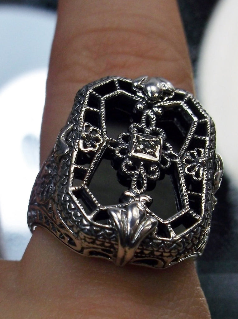 Black Camphor Glass Ring with Sterling Silver Art Deco Filigree and a single white CZ in the center of the pane sections, Sterling Silver Jewelry, Silver Embrace Jewelry