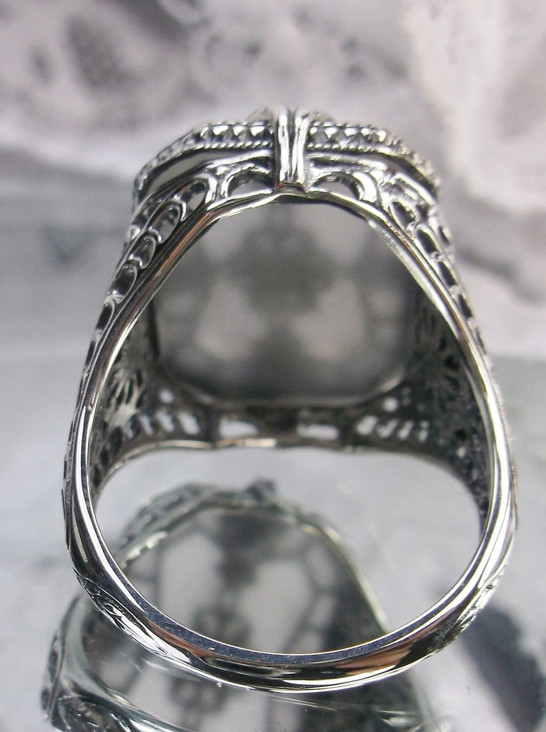 Frosted Camphor Glass Ring with Sterling Silver Art Deco Filigree and a single Lab Moissanite in the center of the pane sections