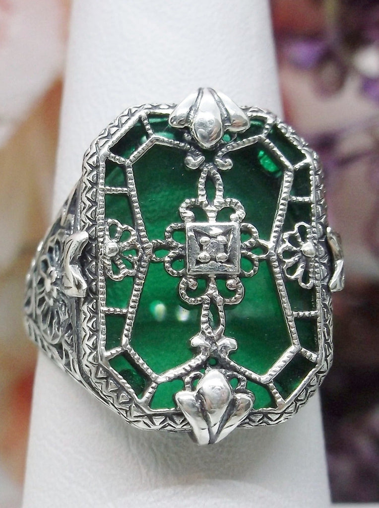 Emerald Green Stained Glass Ring with Sterling Silver Art Deco Filigree and a single natural Diamond in the center of the pane sections