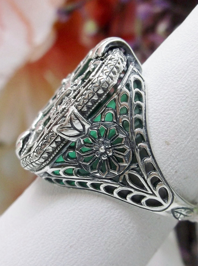 Emerald Green Camphor Glass Ring with Sterling Silver Art Deco Filigree and a single Lab Moissanite in the center of the pane sections